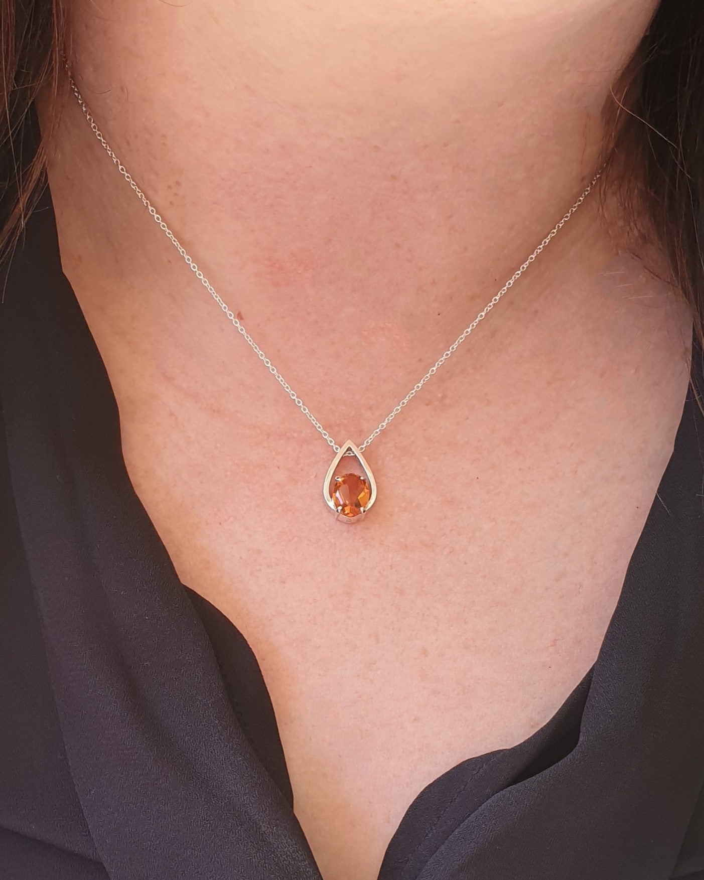 Female wearing an earth-toned Citrine Silver Necklace