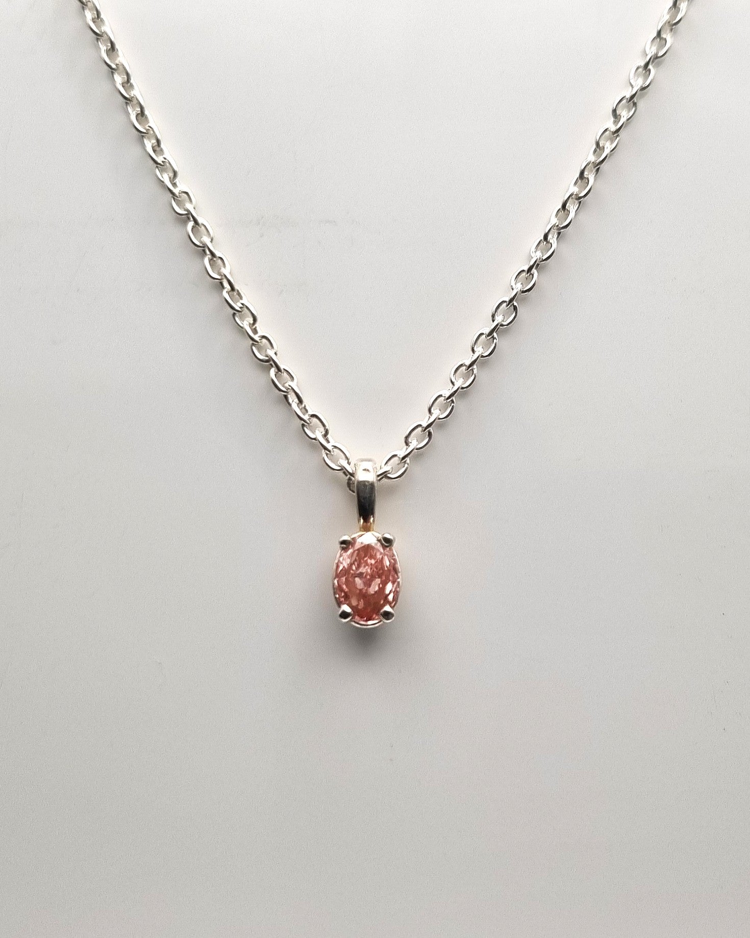 Pink solitaire oval lab-grown diamond - silver necklace